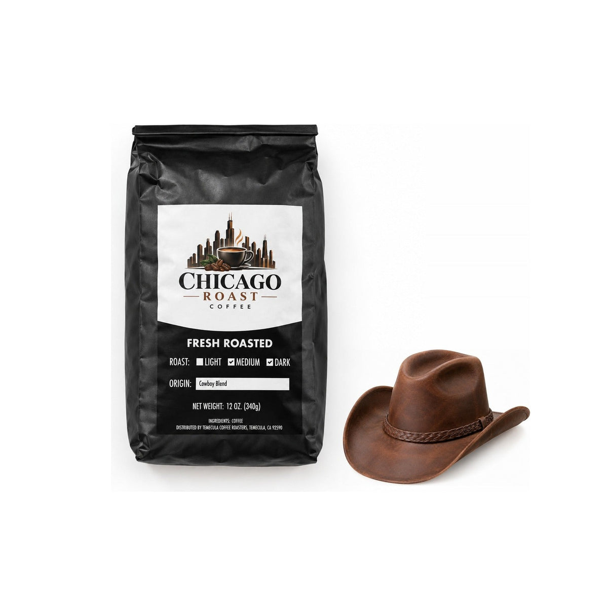 Cowboy Blend coffee bag with a cowboy hat